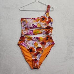 NEW Aerie Swimsuit Women L Multicolor Floral One Shoulder Cutout One Piece Lined